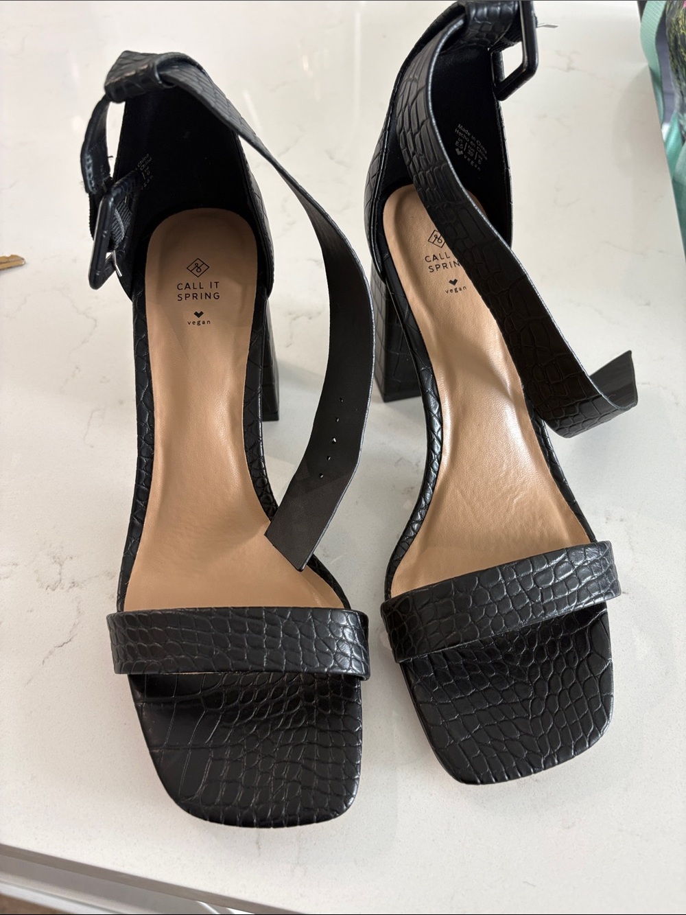 NWOT Call It Spring Black Croc-Embossed Ankle Strap Block Heels